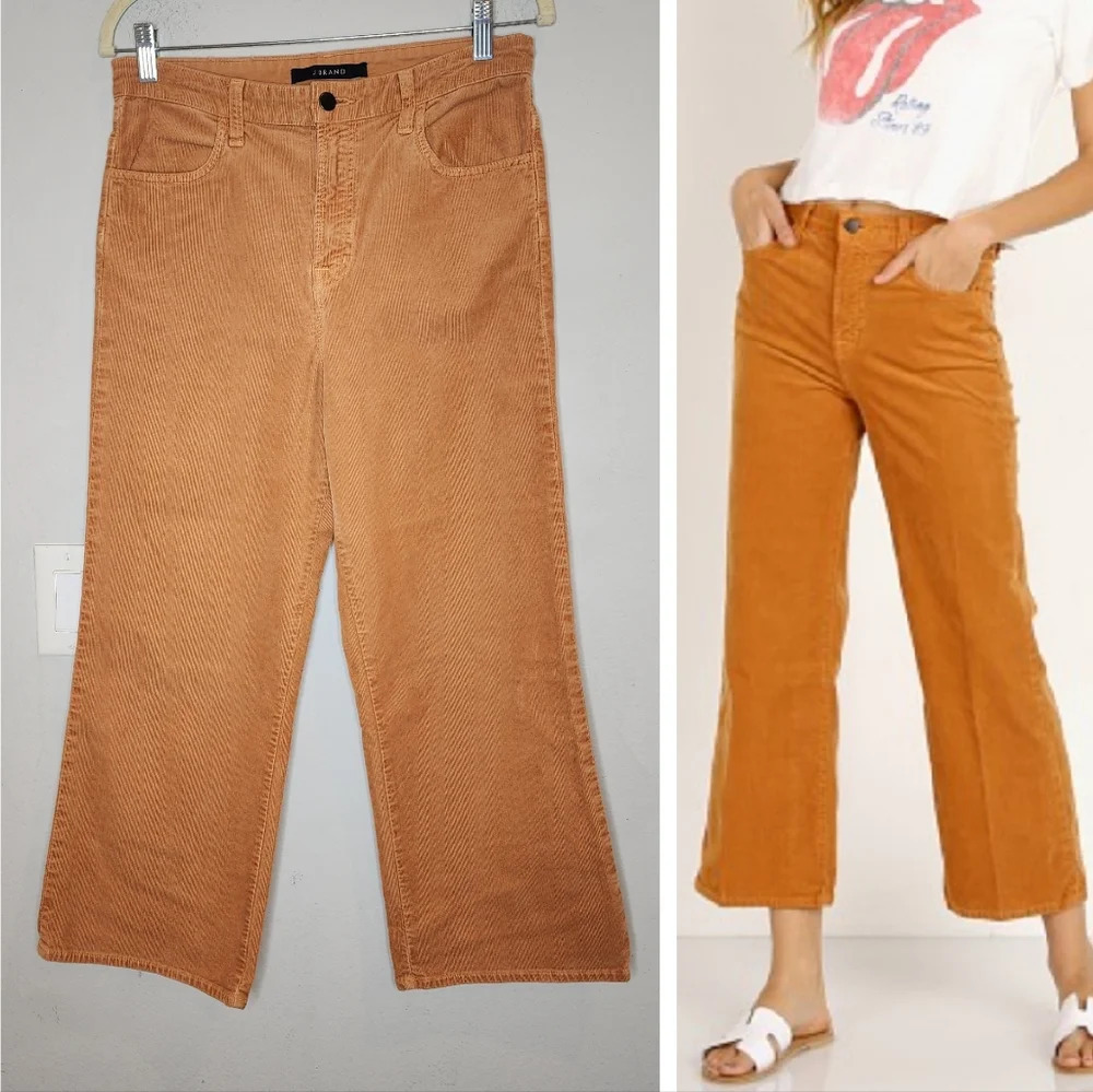 J Brand Joan High Rise Crop Wide Leg Corduroy Pants Titian Brown Size 30